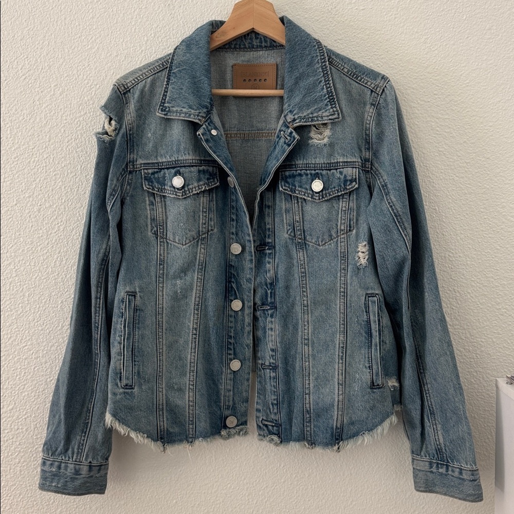 BLANK NYC Denim Jean Jacket Distressed Size Medium Frayed Hem Boho Trucker Blue